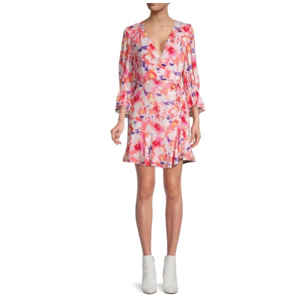 Betsey Johnson Floral Print Sunset Wrap Dress Ruffle Trim Long Sleeve Sz 6 Fairy
